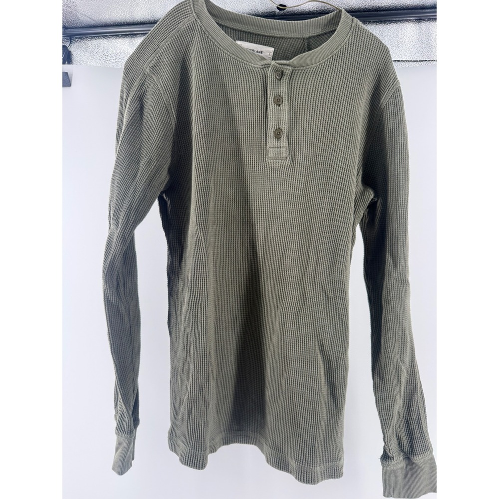 Everlane Mens Waffle Knit Henley Shirt Olive Green Organic Cotton Small LS